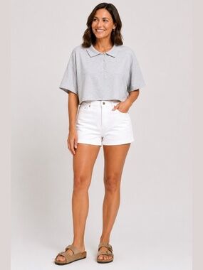 OFFLINE by AERIE Cotton Blend Cropped Grey Oversized Polo Raw Hem Sz XL